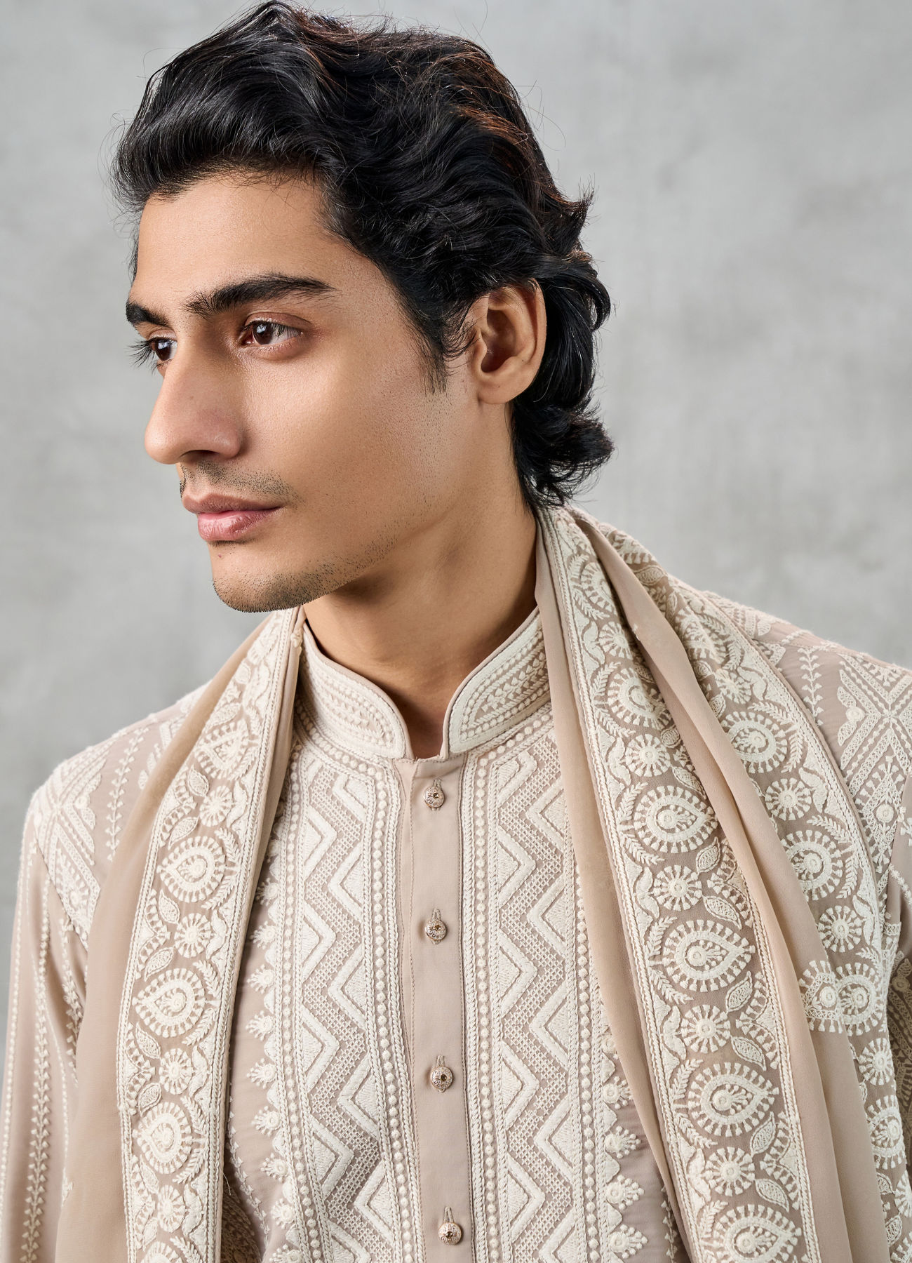 Twamev Men Beige Georgette Thread Embroidered Kurta Pant Set