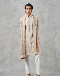 Twamev Men Beige Georgette Thread Embroidered Kurta Pant Set
