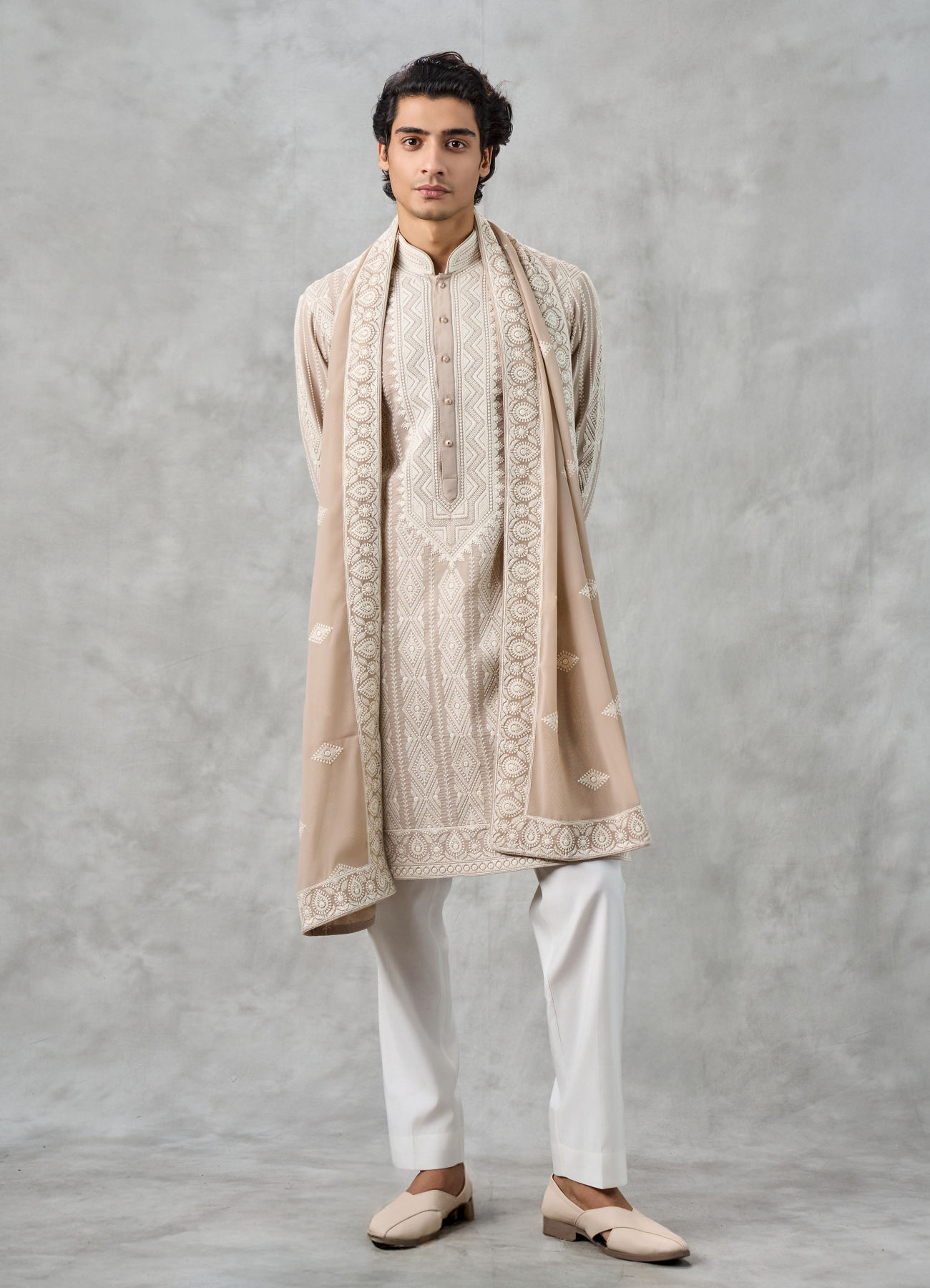 Twamev Men Beige Georgette Thread Embroidered Kurta Pant Set