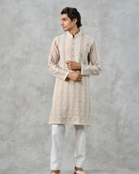 Twamev Men Beige Georgette Thread Embroidered Kurta Pant Set