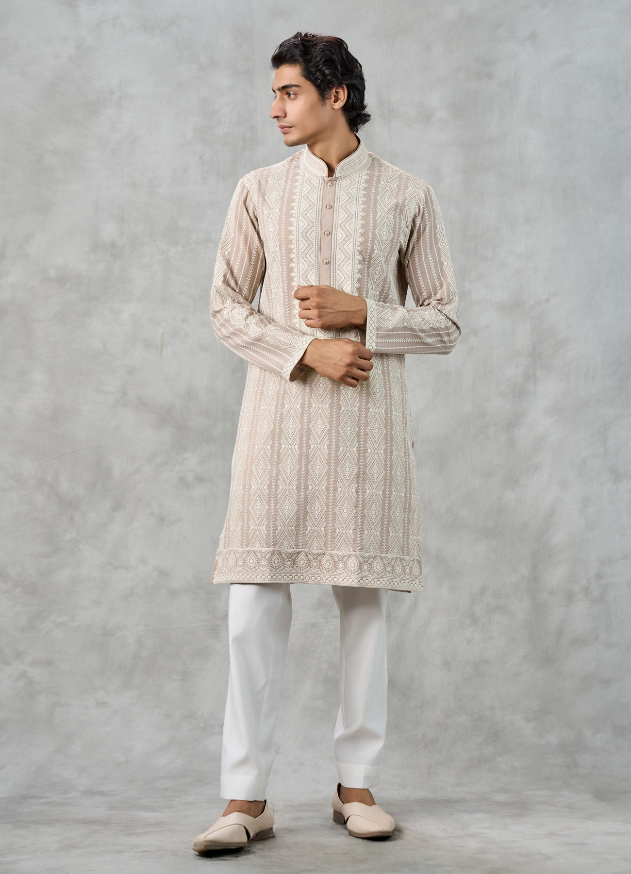 Twamev Men Beige Georgette Thread Embroidered Kurta Pant Set