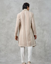 Twamev Men Beige Georgette Thread Embroidered Kurta Pant Set