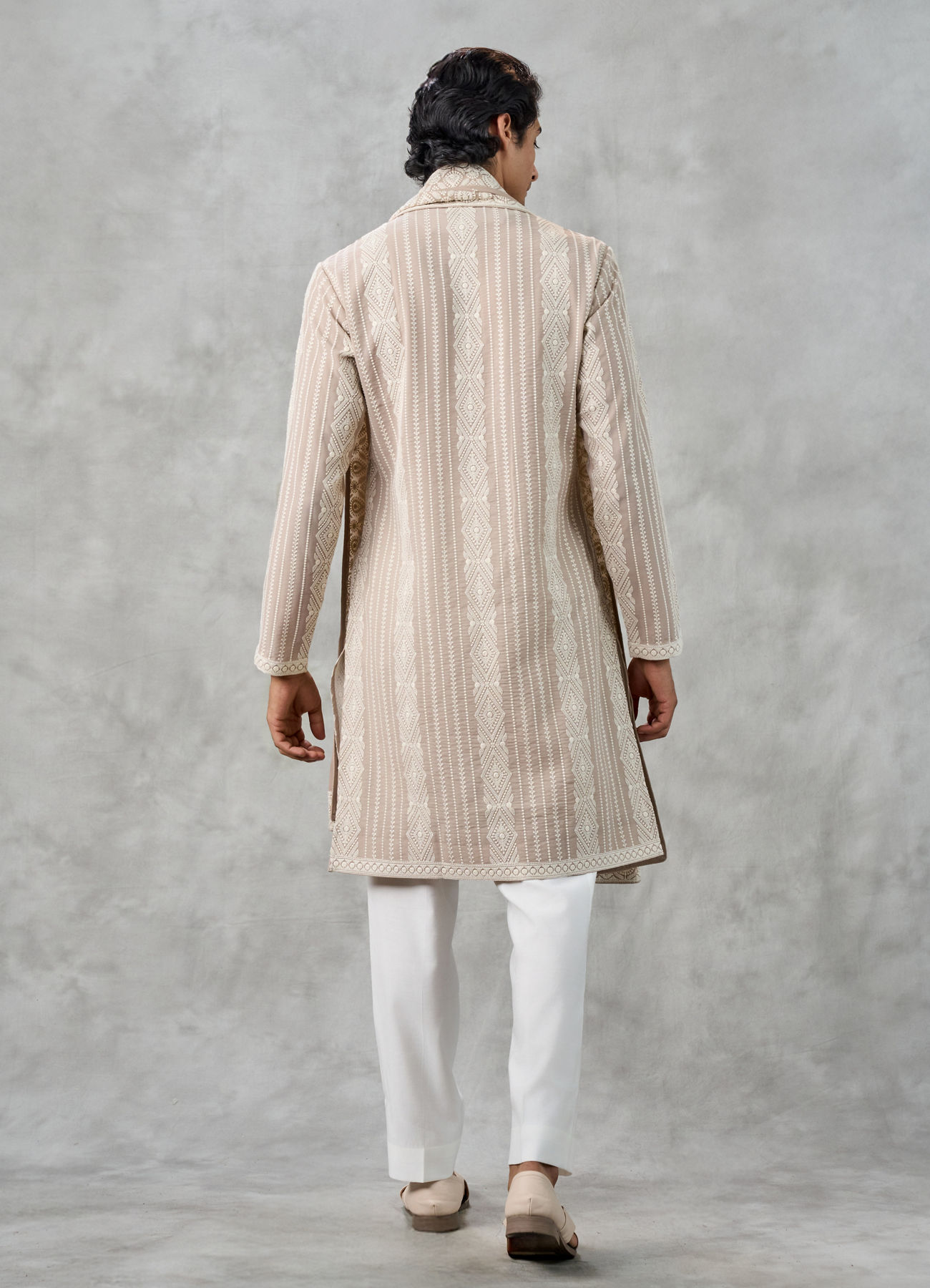 Twamev Men Beige Georgette Thread Embroidered Kurta Pant Set