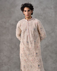 Twamev Men Beige Georgette Thread Embroidered Kurta Set