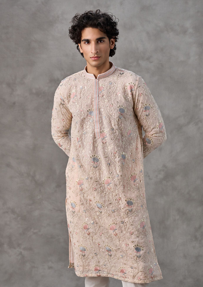 Twamev Men Elegant Beige Georgette Kurta Churidar