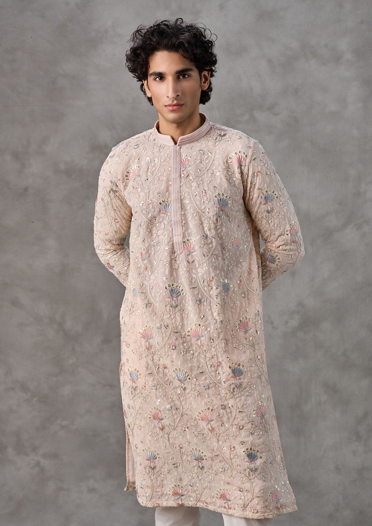 Twamev Men Elegant Beige Georgette Kurta Churidar