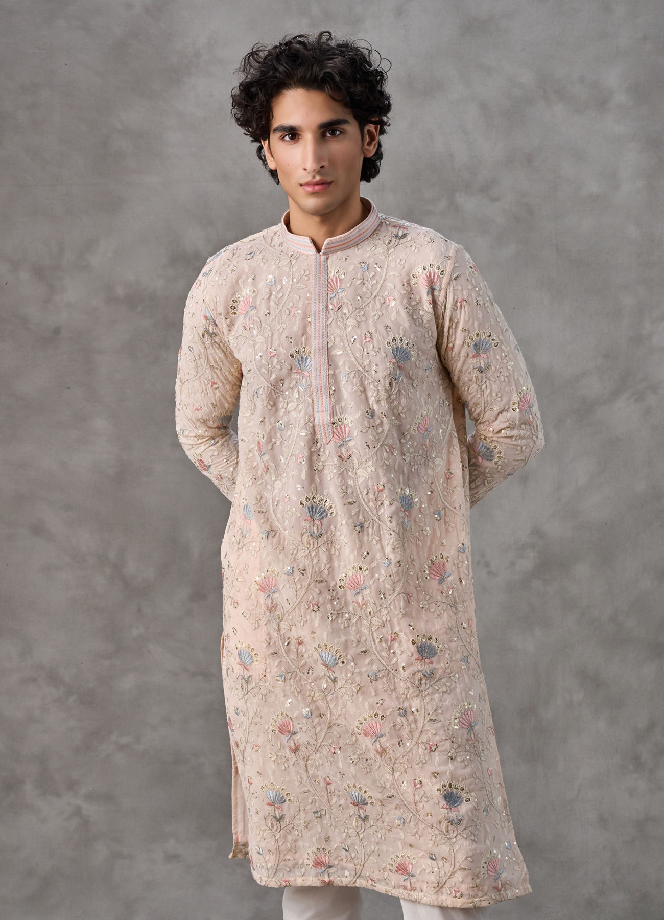 Twamev Men Beige Georgette Thread Embroidered Kurta Set