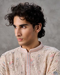 Twamev Men Beige Georgette Thread Embroidered Kurta Set