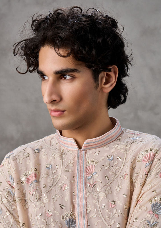 Twamev Men Elegant Beige Georgette Kurta Churidar