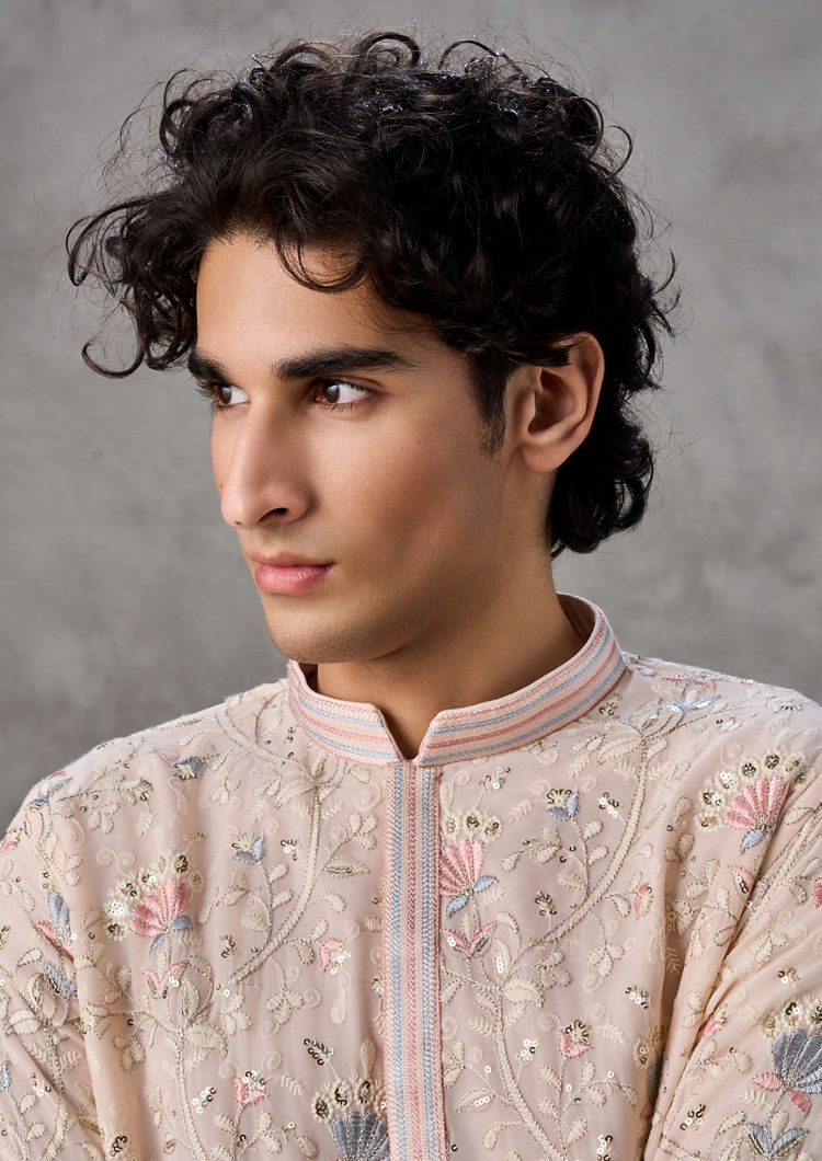 Twamev Men Elegant Beige Georgette Kurta Churidar