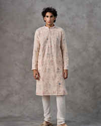 Twamev Men Beige Georgette Thread Embroidered Kurta Set