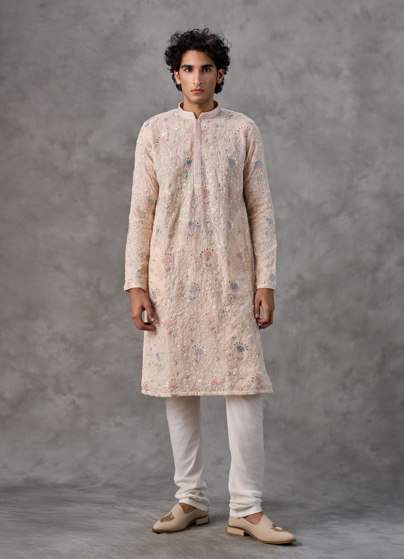 Twamev Men Beige Georgette Thread Embroidered Kurta Set