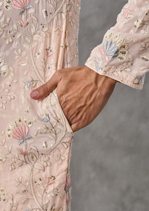 Twamev Men Elegant Beige Georgette Kurta Churidar