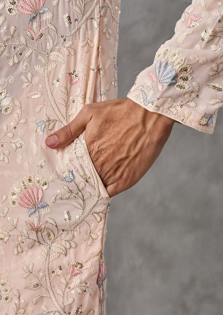 Twamev Men Elegant Beige Georgette Kurta Churidar