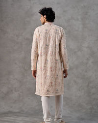 Twamev Men Beige Georgette Thread Embroidered Kurta Set