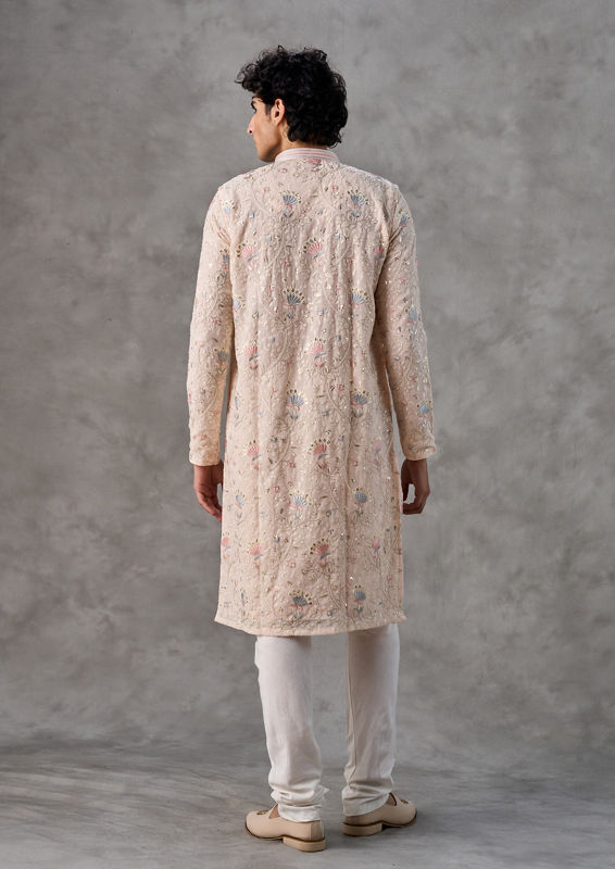 Twamev Men Elegant Beige Georgette Kurta Churidar