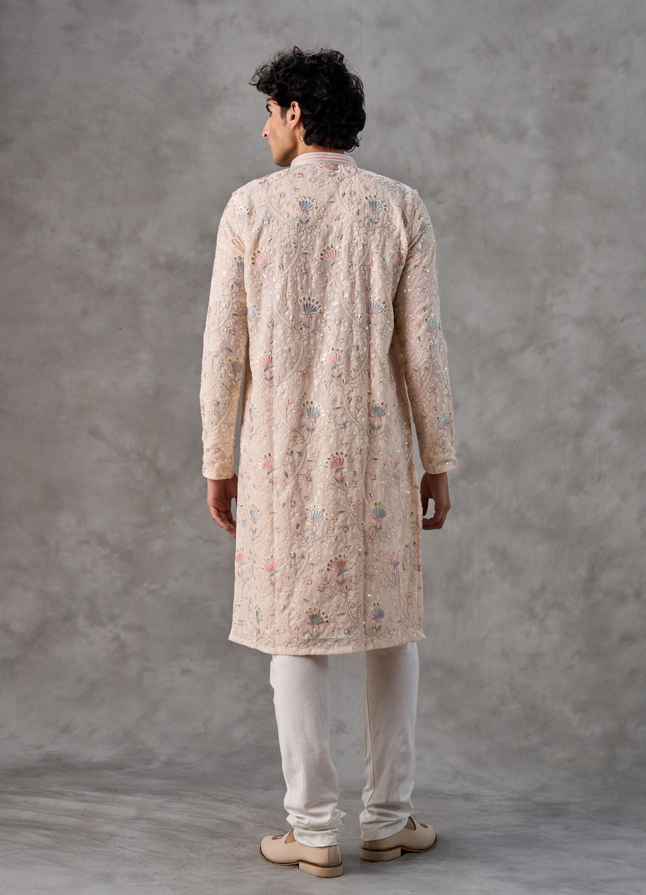 Twamev Men Beige Georgette Thread Embroidered Kurta Set