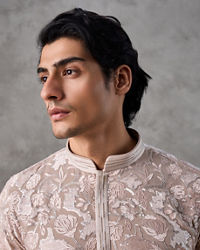 Twamev Men Fawn Georgette Floral Jacquard Kurta Set