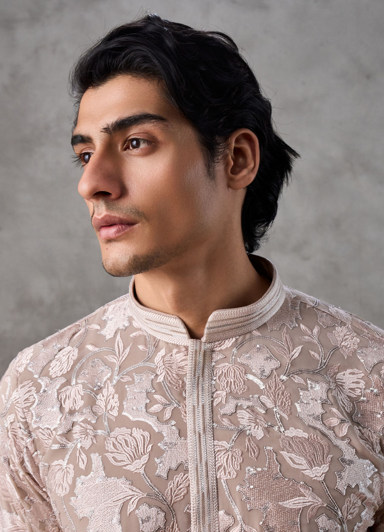 Twamev Men Fawn Georgette Floral Jacquard Kurta Set