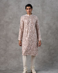 Twamev Men Fawn Georgette Floral Jacquard Kurta Set