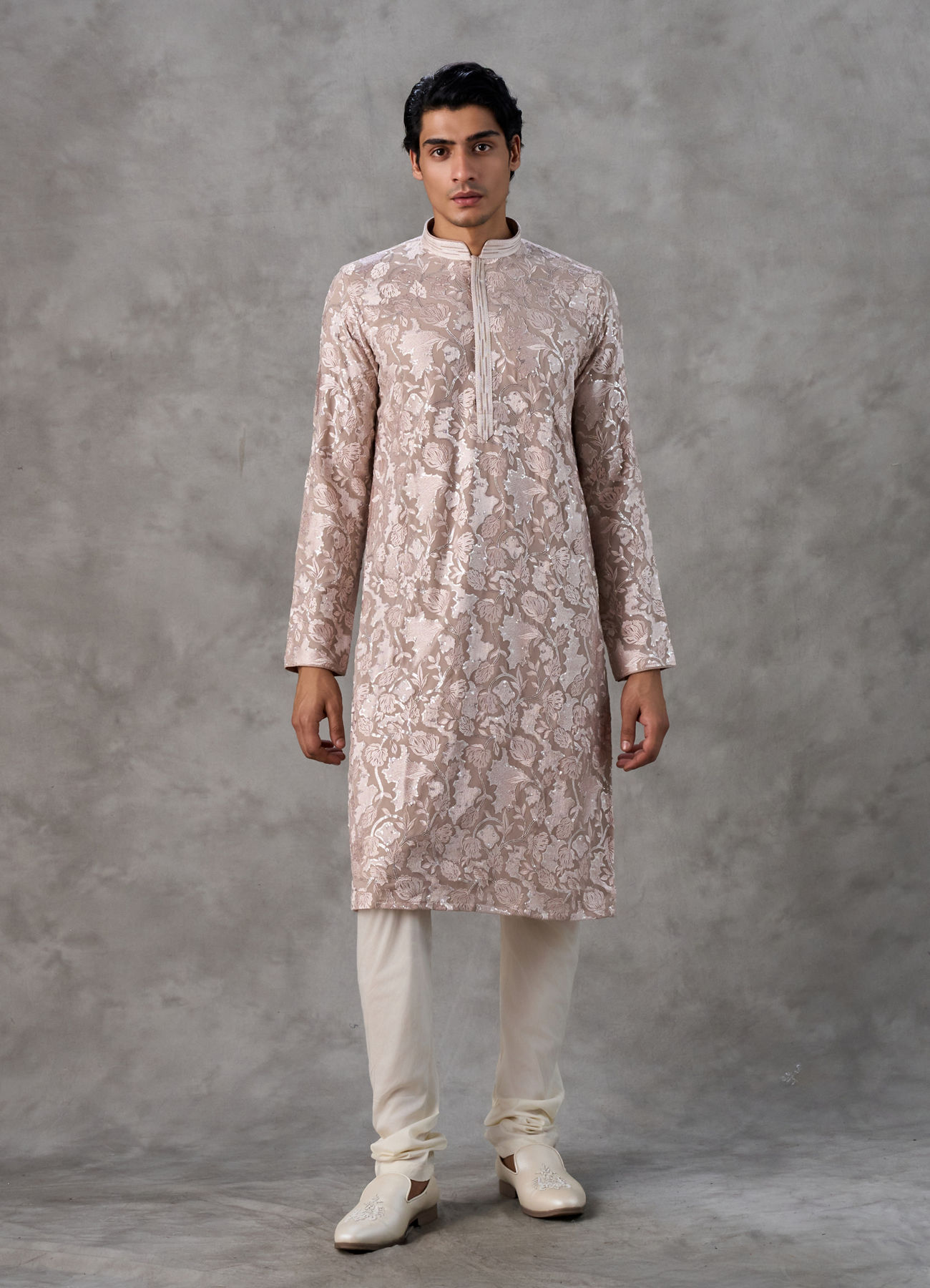 Twamev Men Fawn Georgette Floral Jacquard Kurta Set