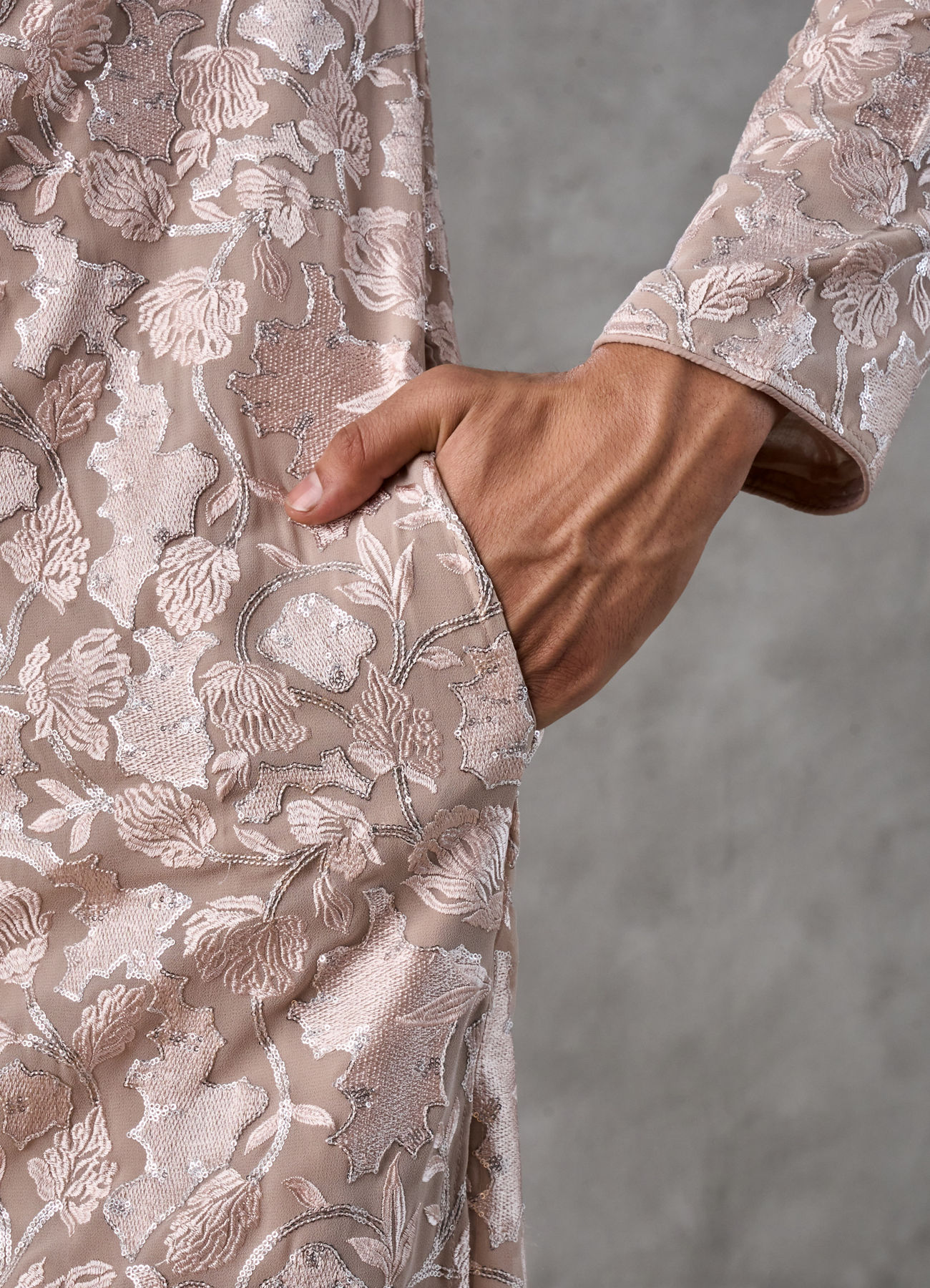 Twamev Men Fawn Georgette Floral Jacquard Kurta Set