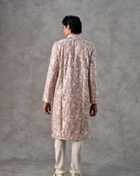 Twamev Men Fawn Georgette Floral Jacquard Kurta Set