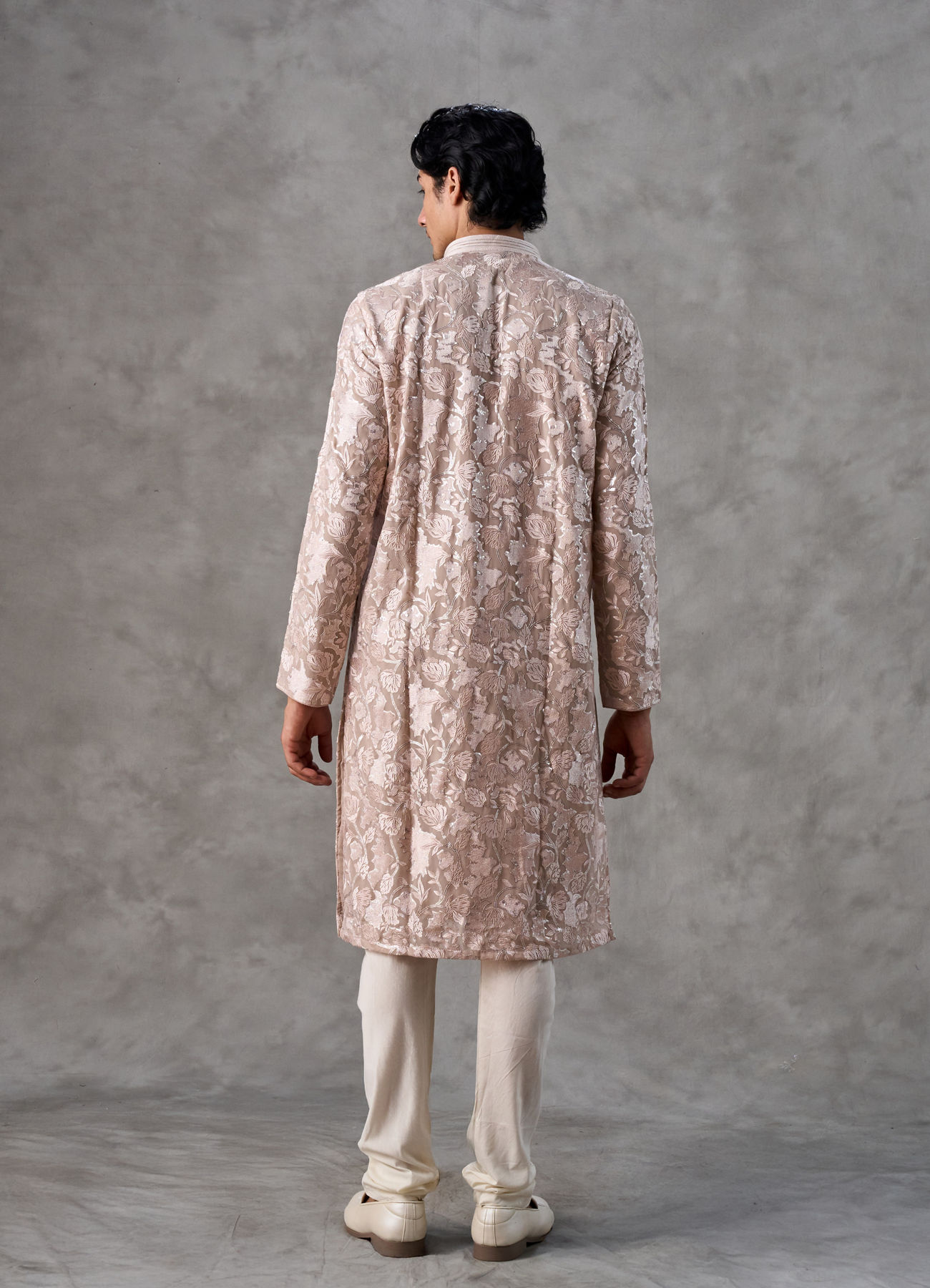 Twamev Men Fawn Georgette Floral Jacquard Kurta Set