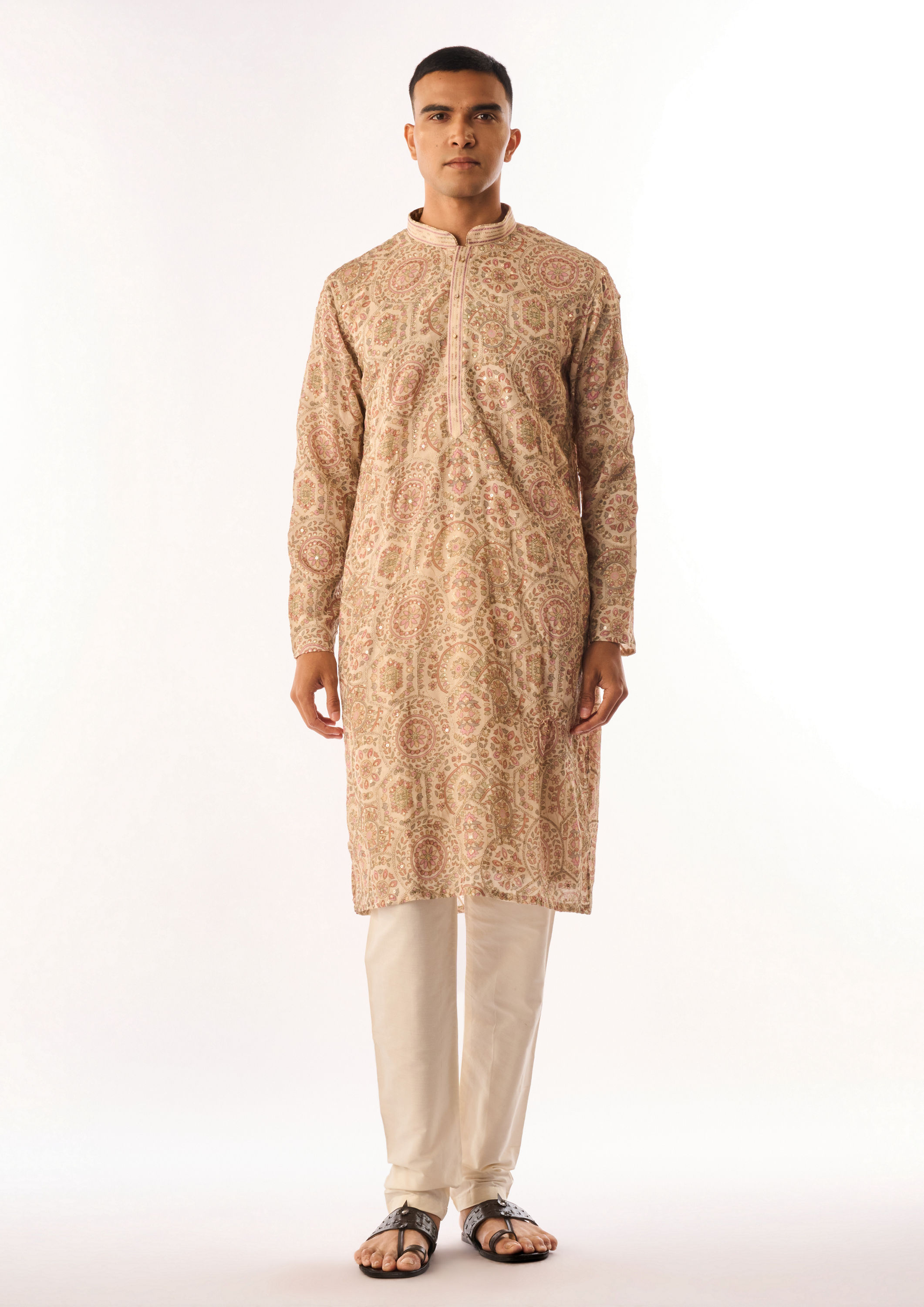 Twamev Men Beige Art Silk Kurta Set with Embroidery