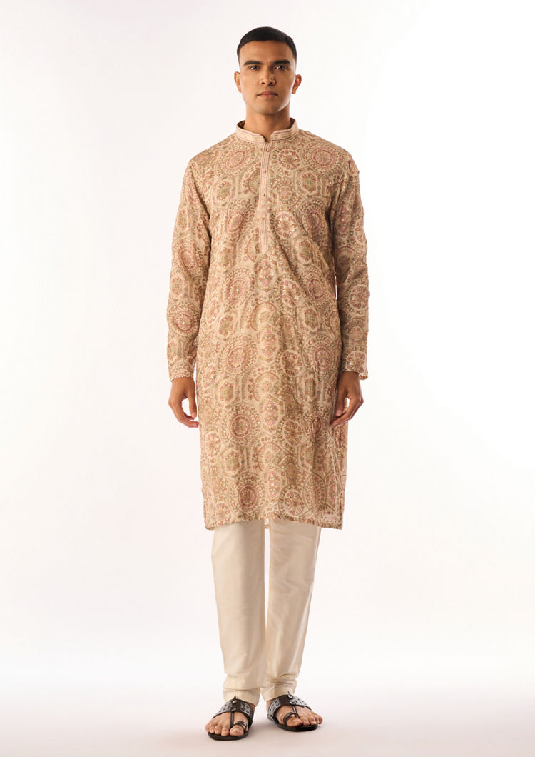 Twamev Men Beige Art Silk Kurta Set with Embroidery