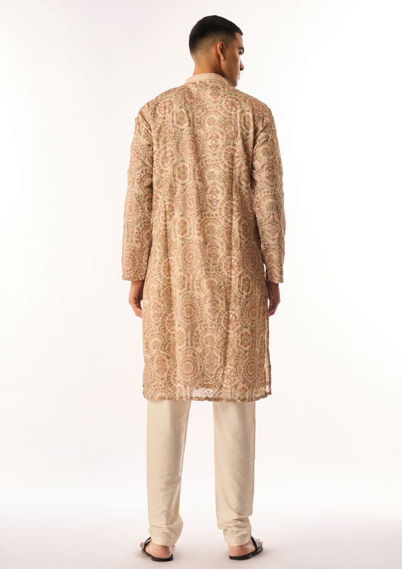 Twamev Men Beige Art Silk Kurta Set with Embroidery