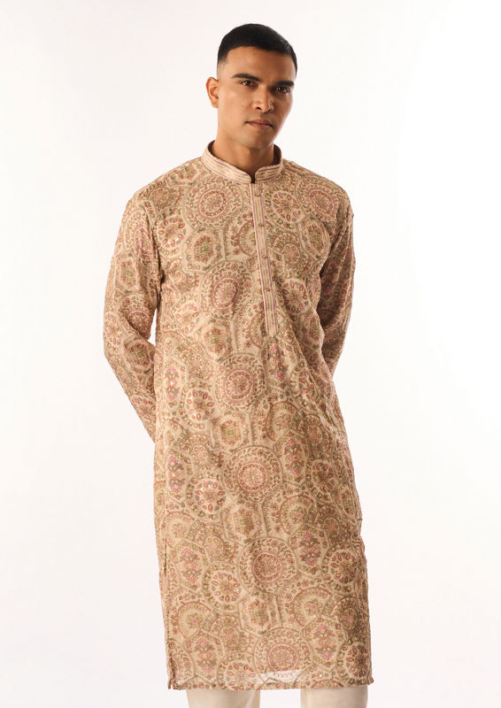 Twamev Men Beige Art Silk Kurta Set with Embroidery