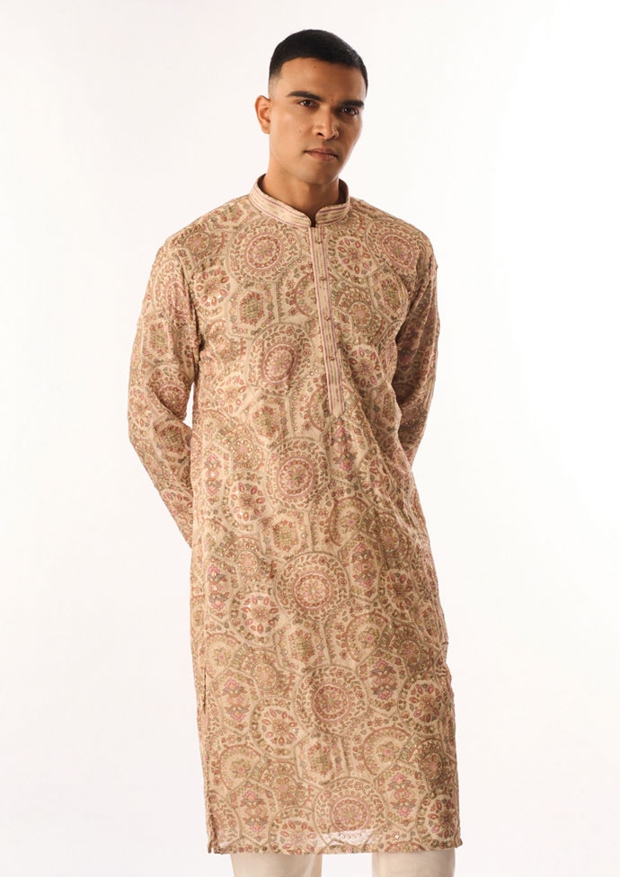 Twamev Men Beige Art Silk Kurta Set with Embroidery