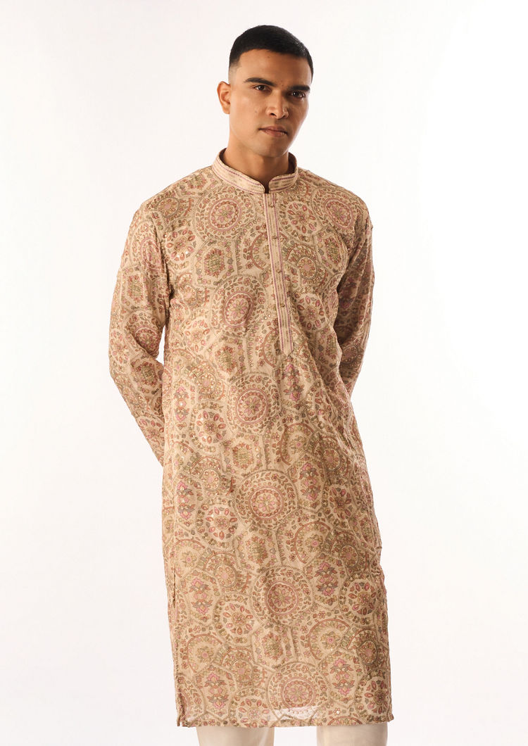 Twamev Men Beige Art Silk Kurta Set with Embroidery