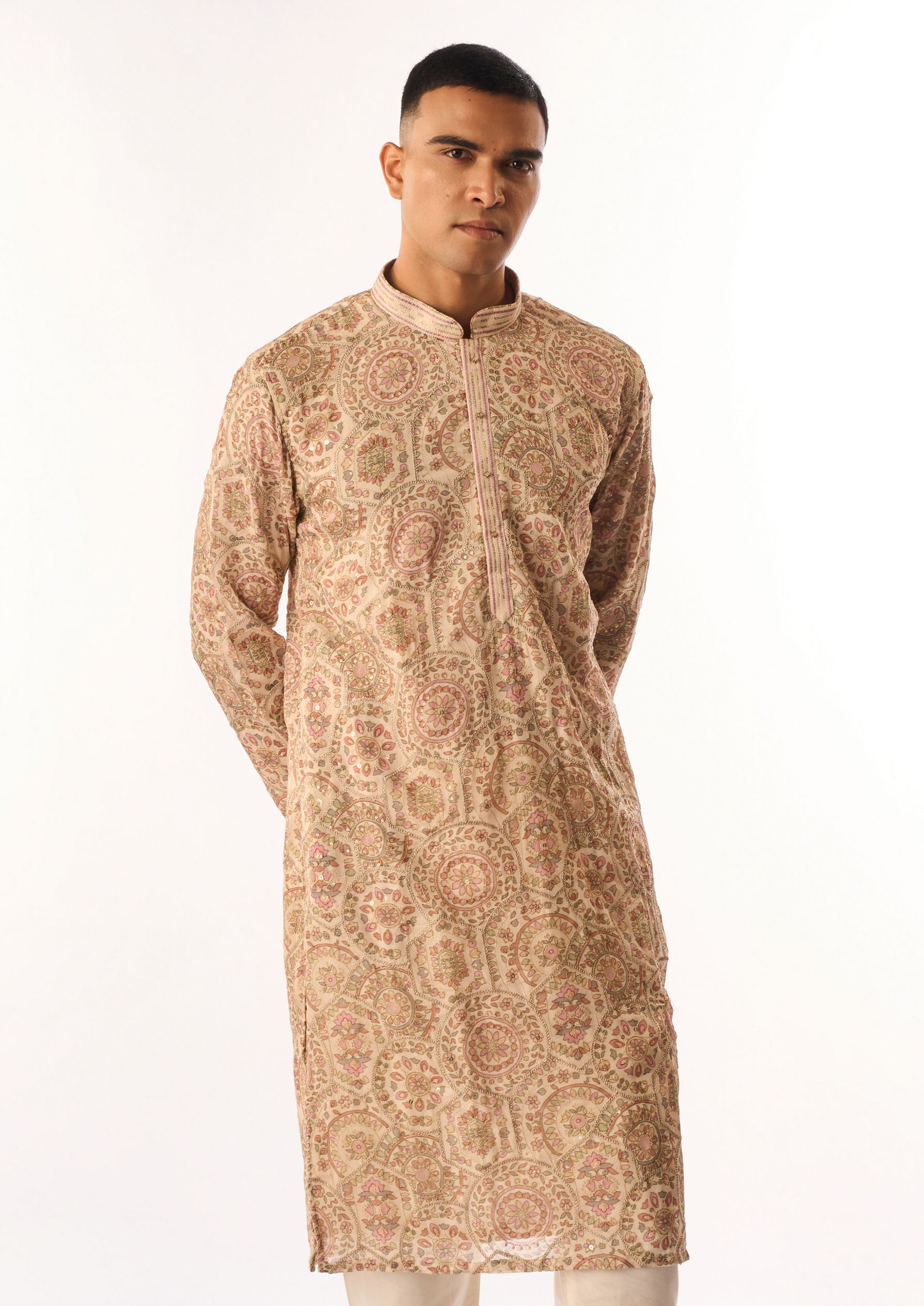 Twamev Men Beige Art Silk Kurta Set with Embroidery