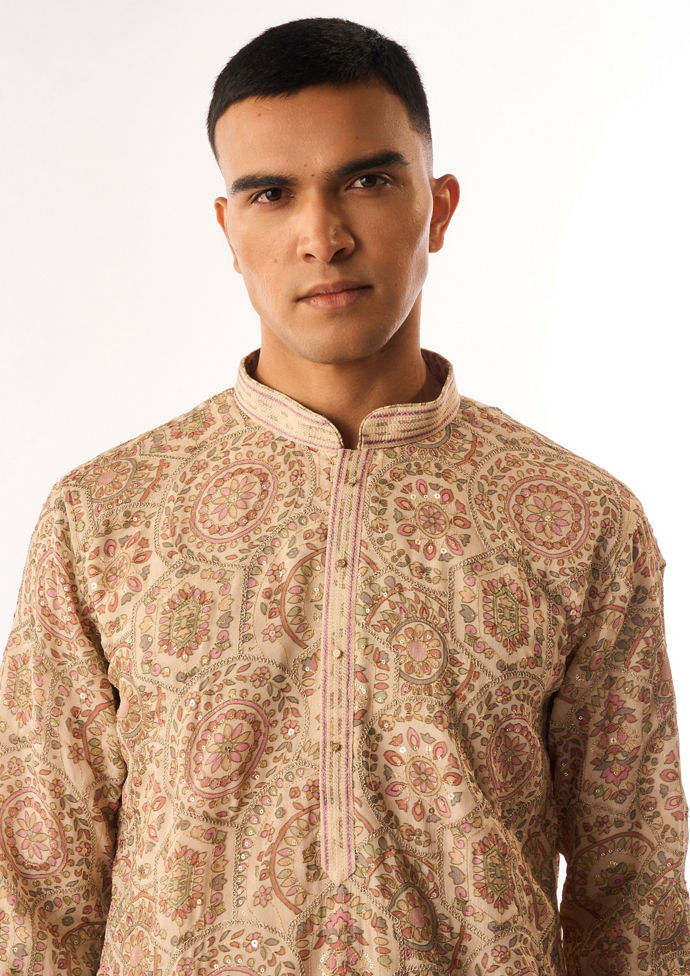 Twamev Men Beige Art Silk Kurta Set with Embroidery