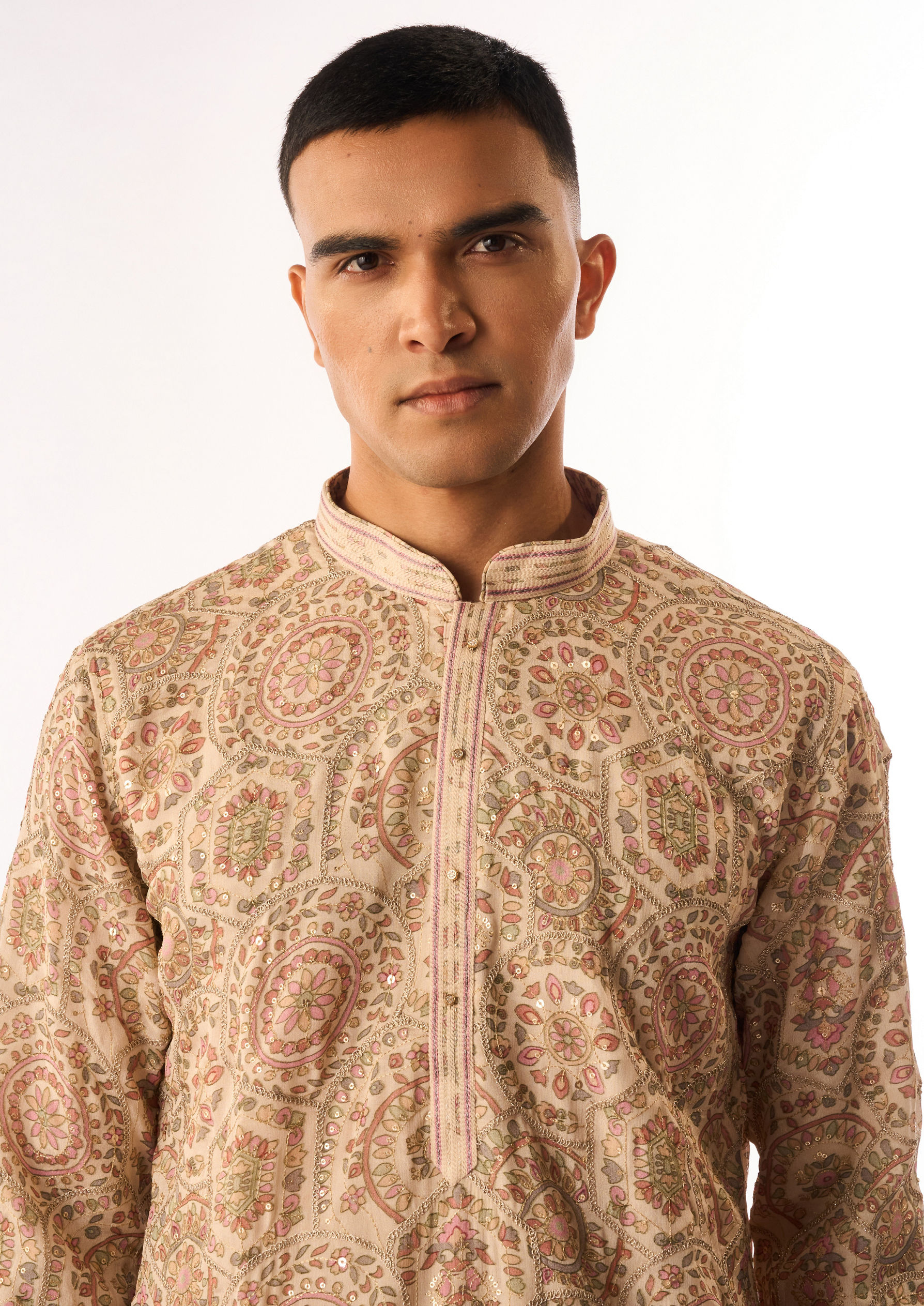 Twamev Men Beige Art Silk Kurta Set with Embroidery