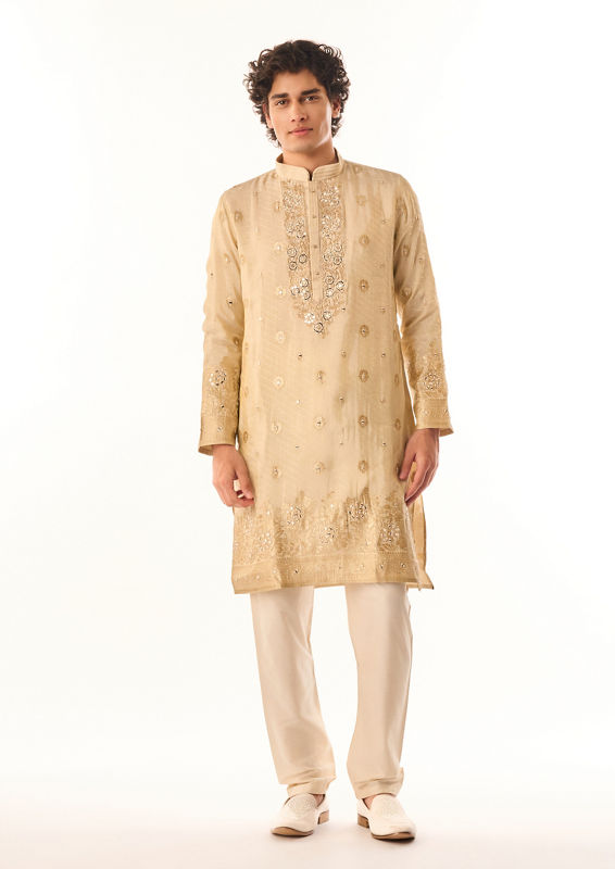 Twamev Men Beige Art Silk Kurta Set with Embroidery