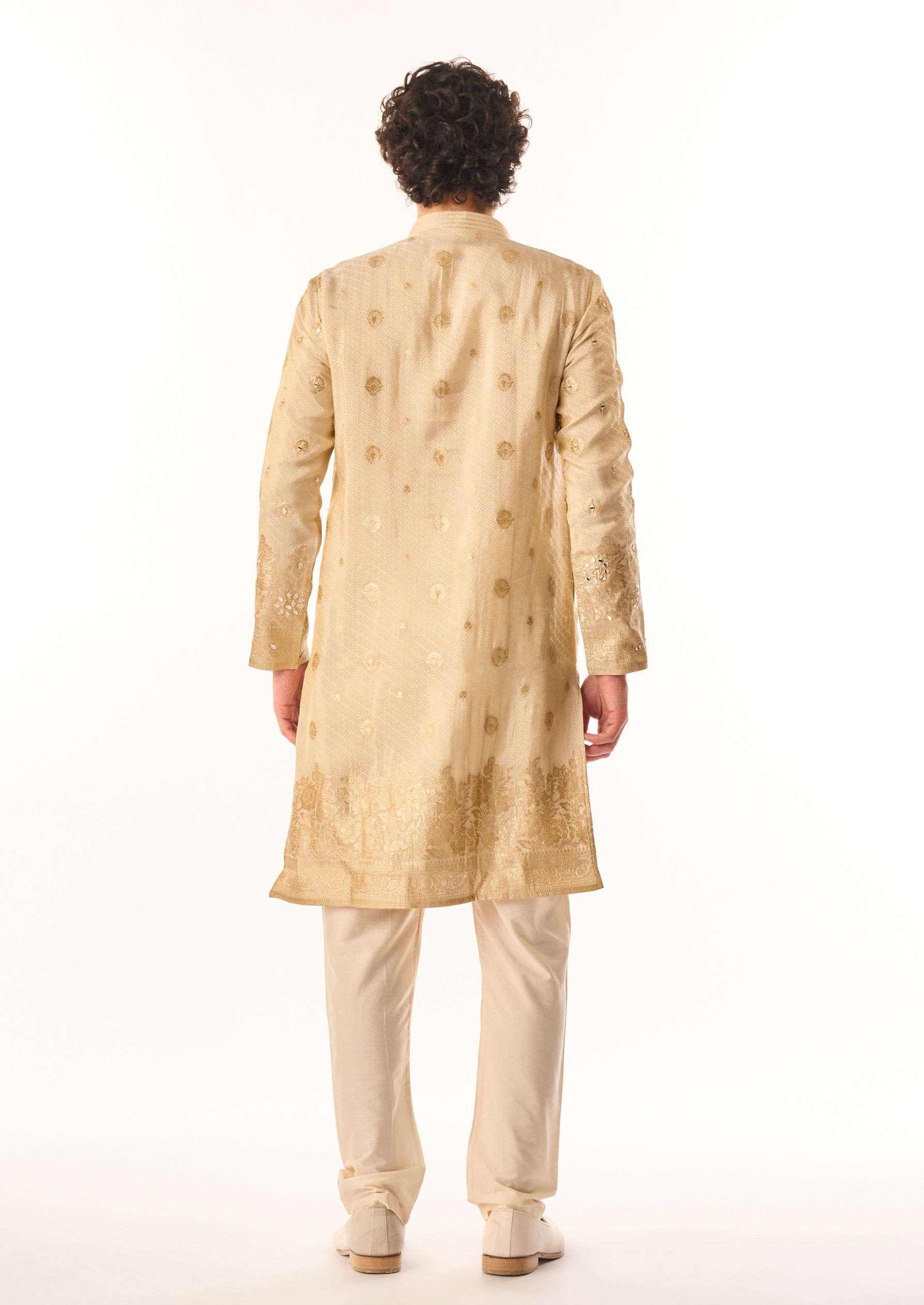Twamev Men Beige Art Silk Kurta Set with Embroidery