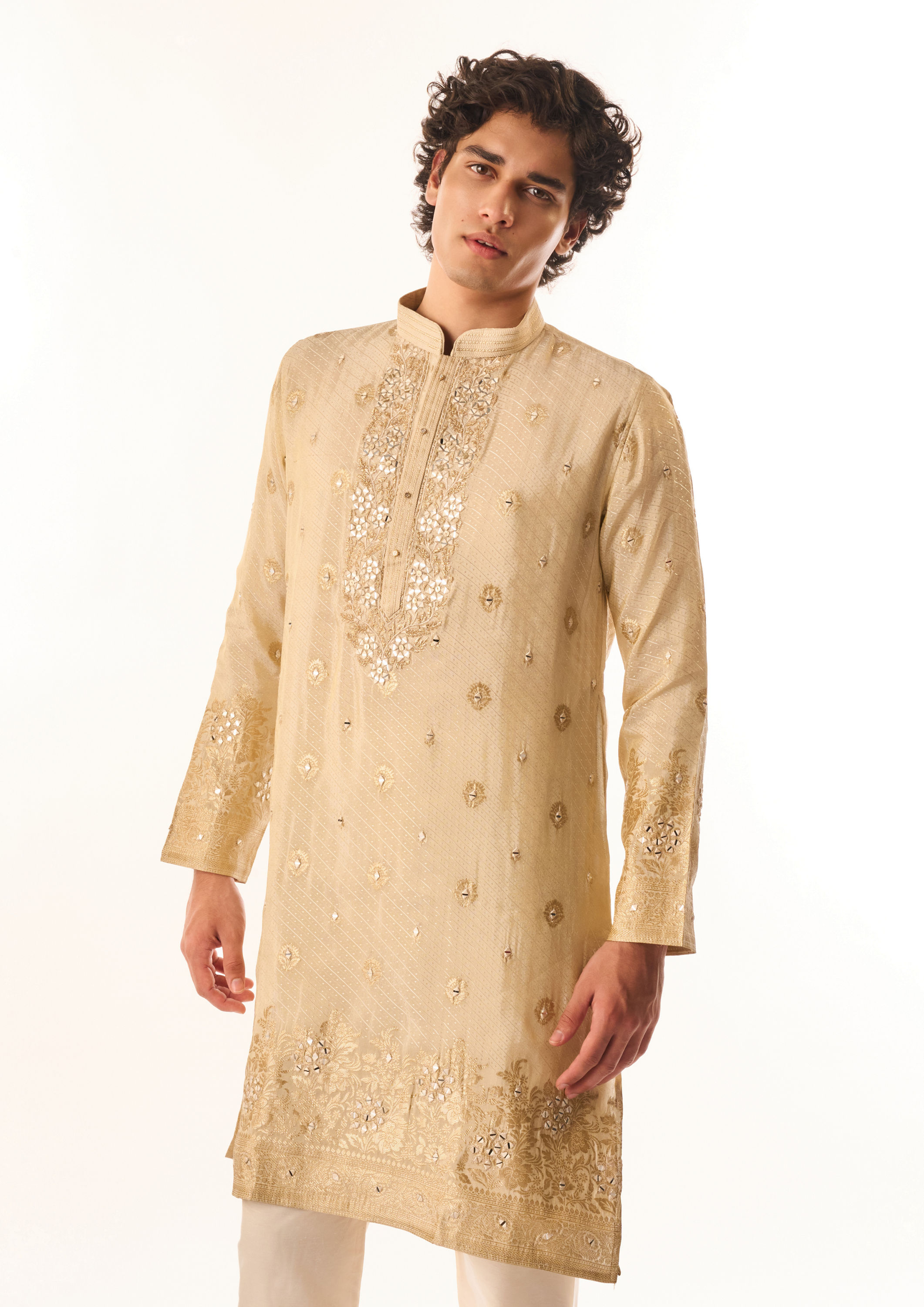 Twamev Men Beige Art Silk Kurta Set with Embroidery