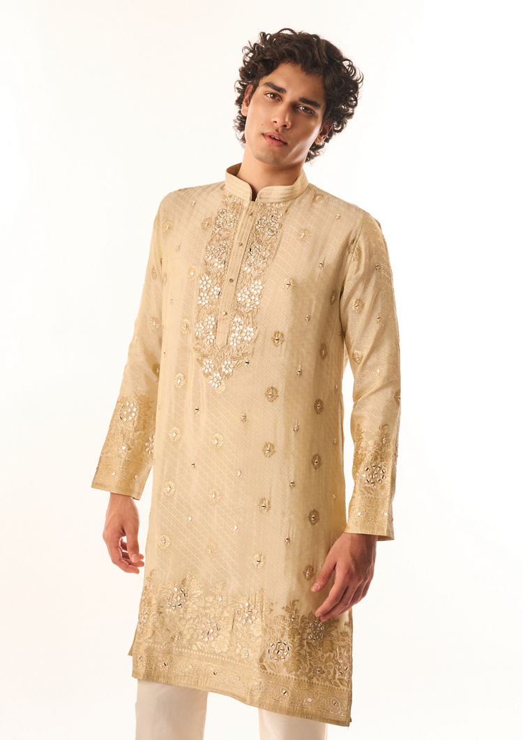 Twamev Men Beige Art Silk Kurta Set with Embroidery