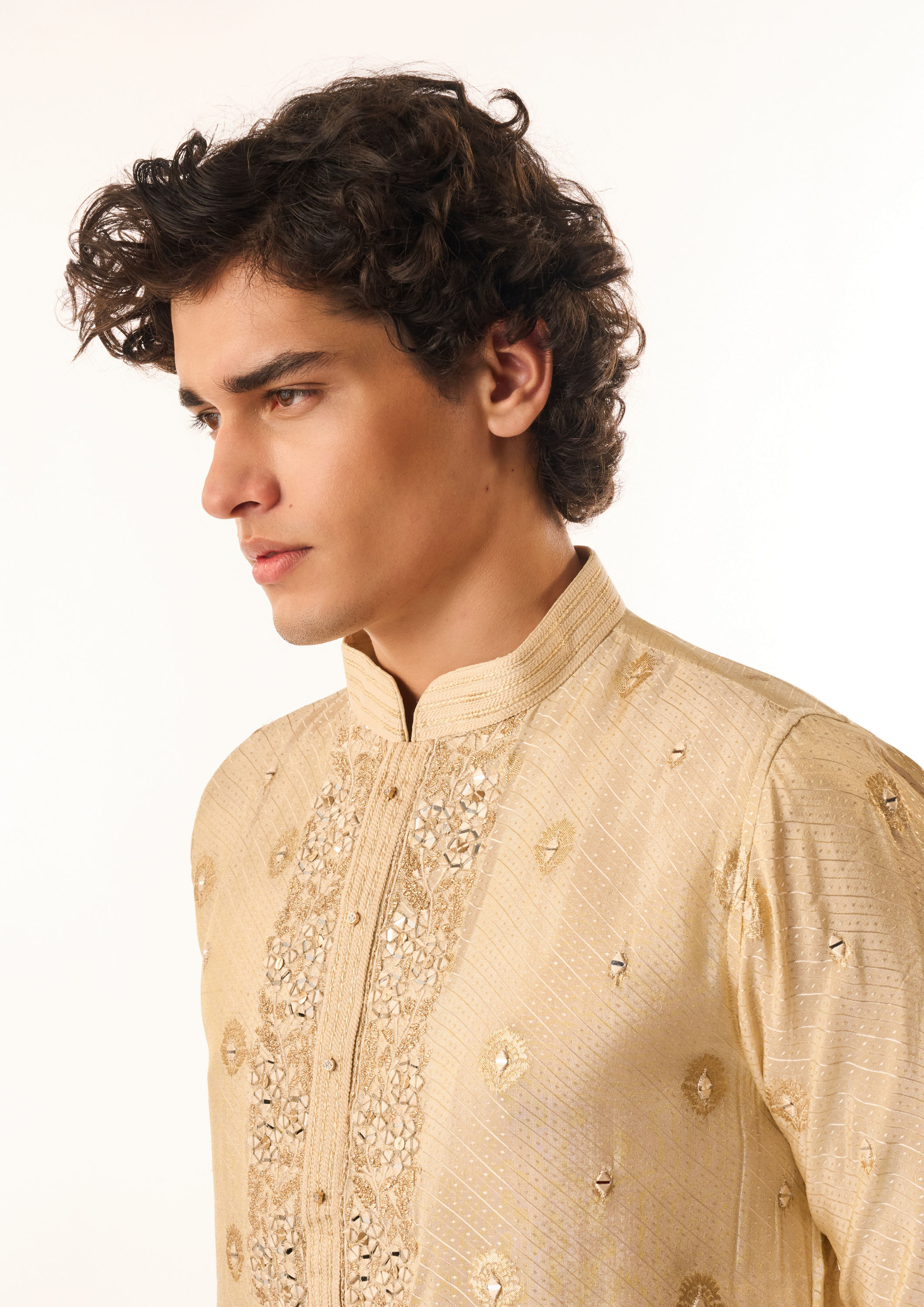 Twamev Men Beige Art Silk Kurta Set with Embroidery