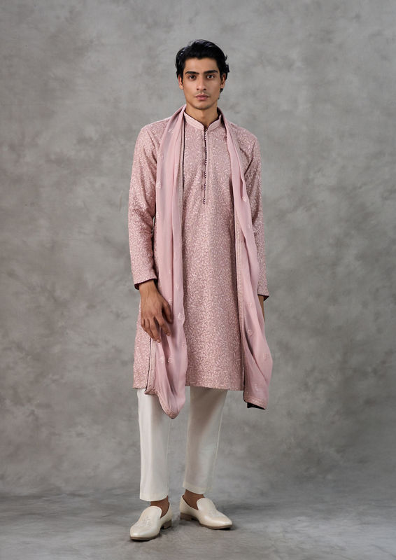 Twamev Men Dusty Pink Georgette Kurta Pant