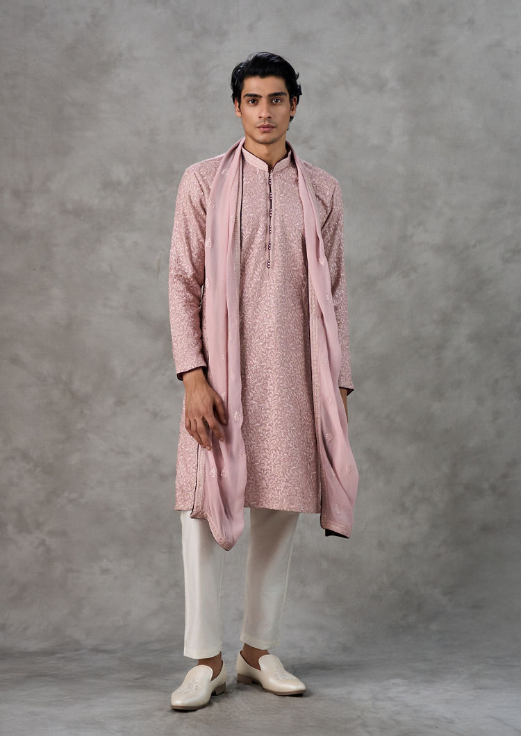 Twamev Men Dusty Pink Georgette Kurta Pant