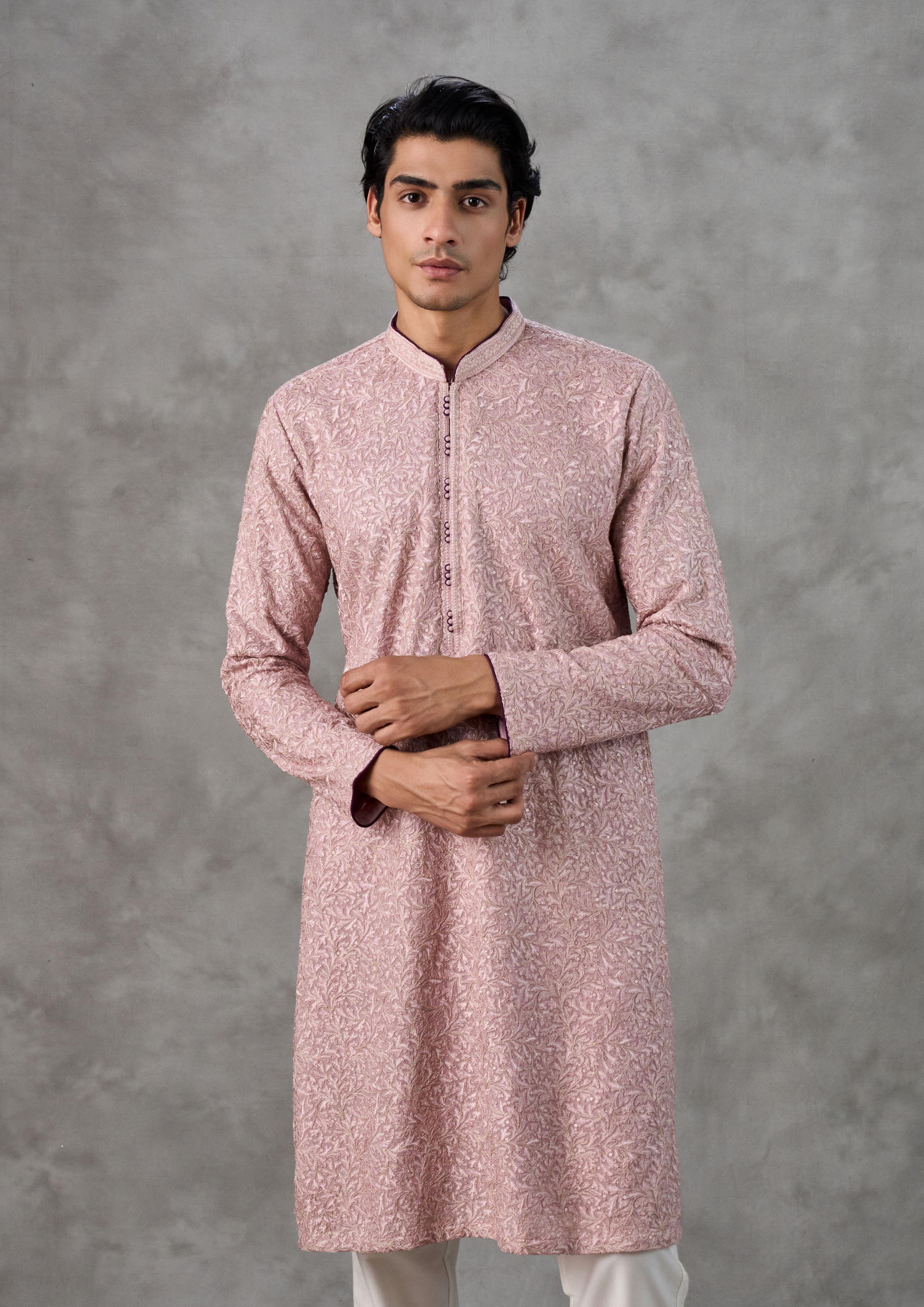Twamev Men Dusty Pink Georgette Kurta Pant