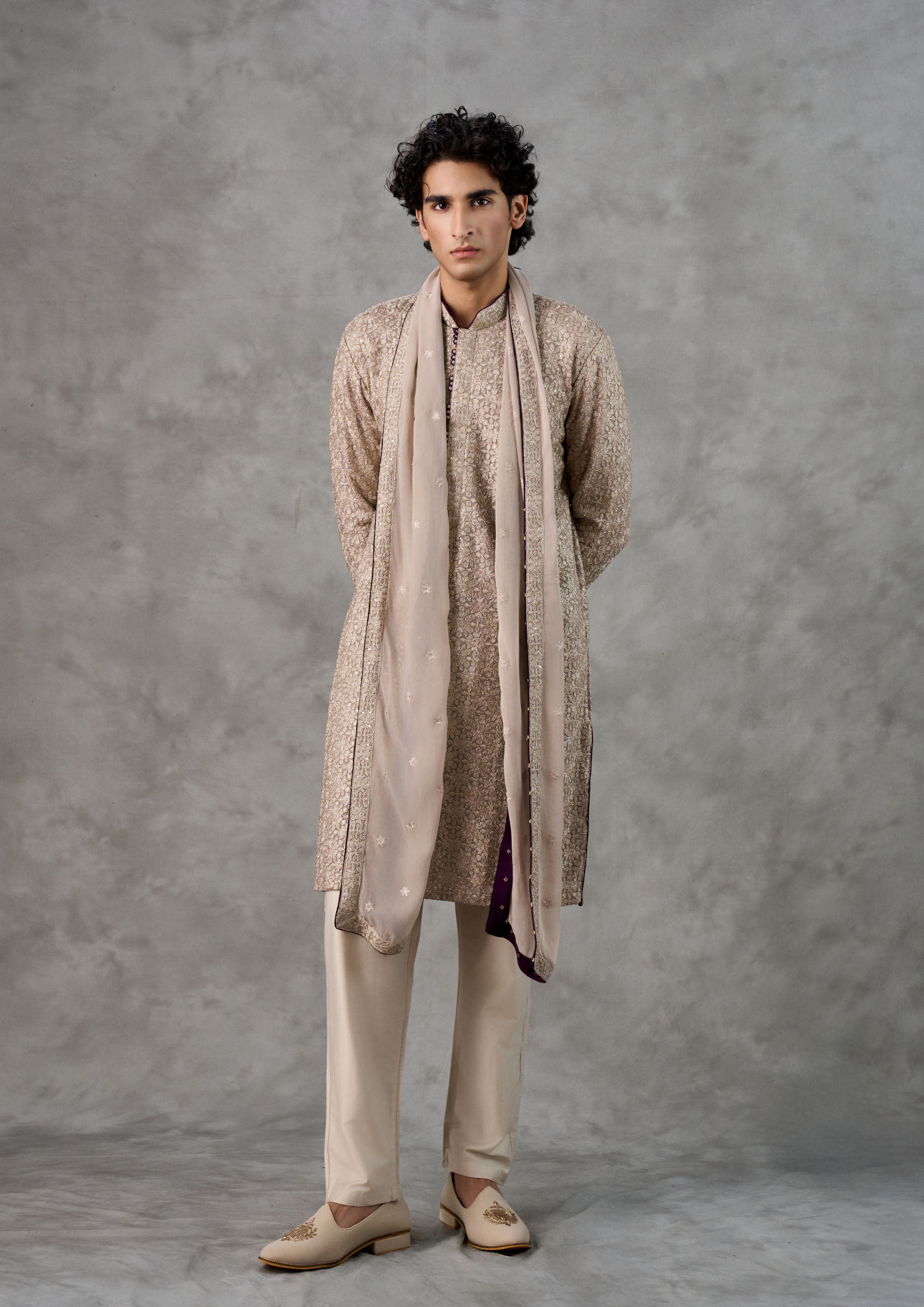 Twamev Men Beige Georgette Kurta Pant Dupatta