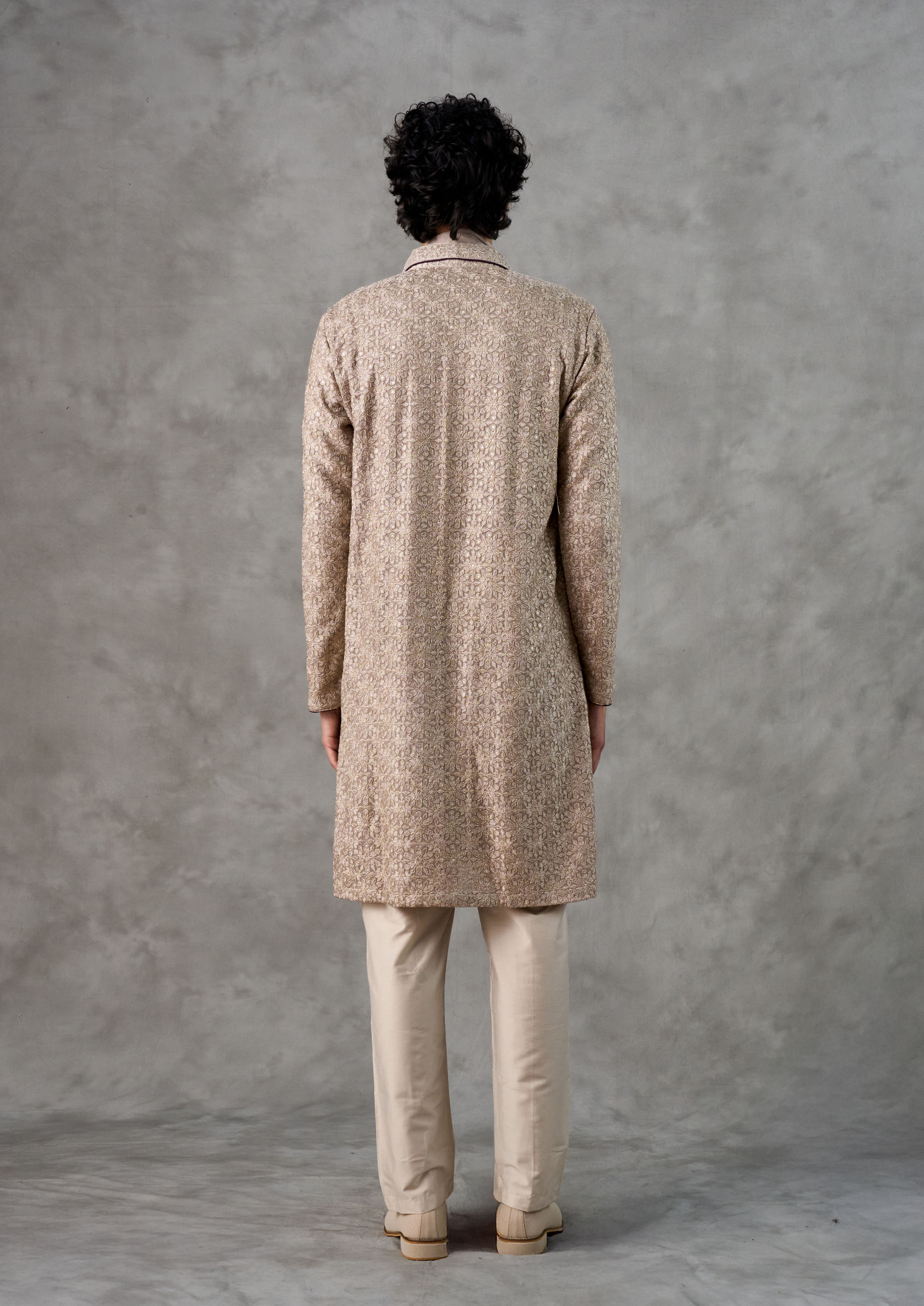 Twamev Men Beige Georgette Kurta Pant Dupatta