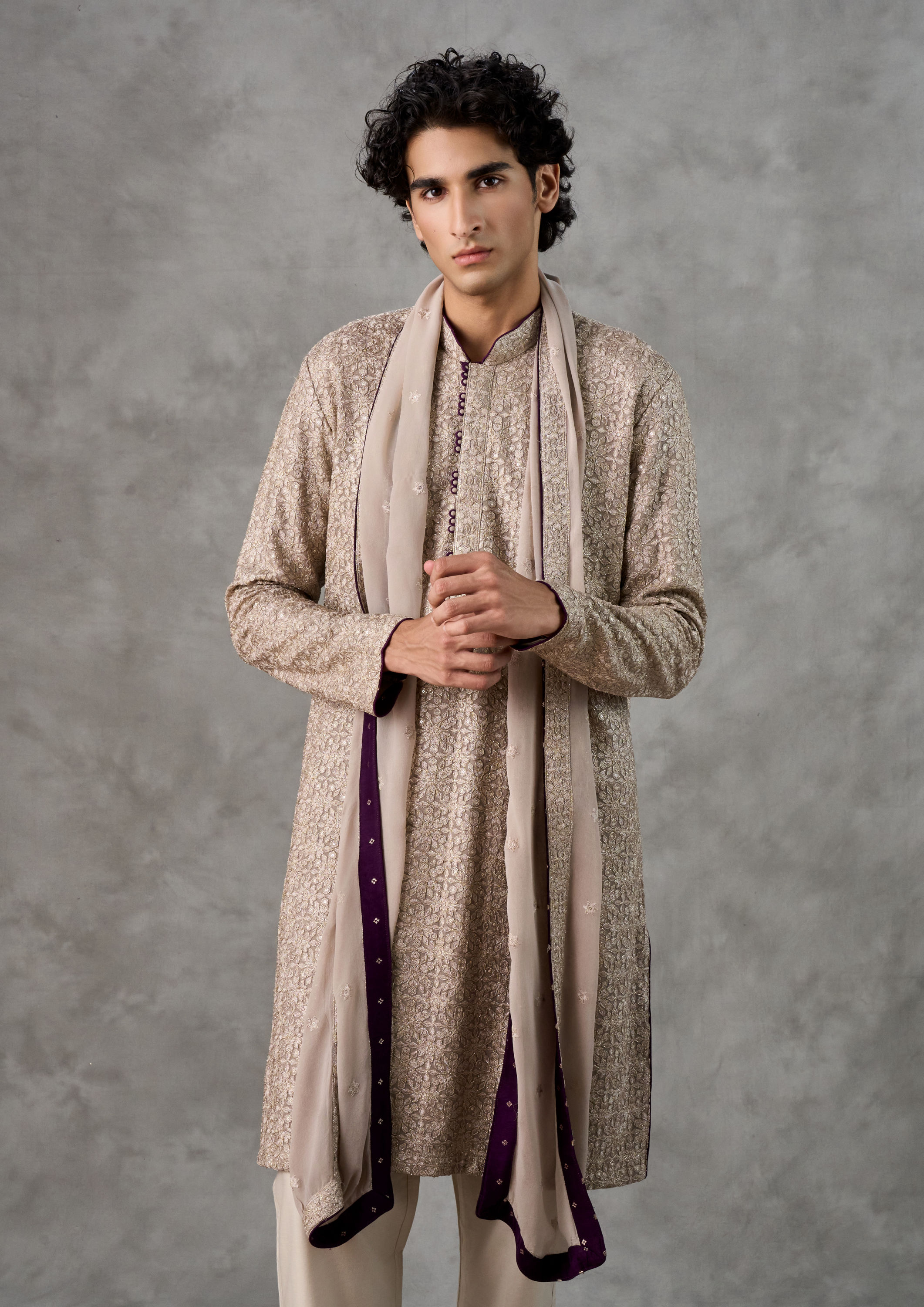 Twamev Men Beige Georgette Kurta Pant Dupatta
