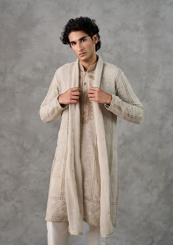 Twamev Men Ivory Georgette Artisan Threadwork Kurta Set with Dupatta