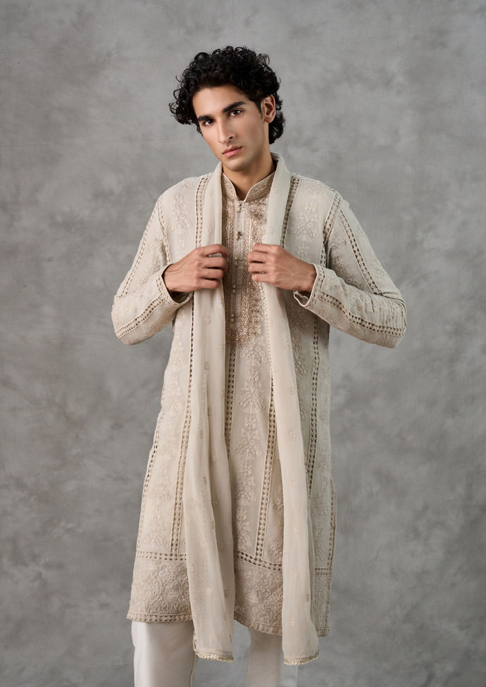 Twamev Men Ivory Georgette Artisan Threadwork Kurta Set with Dupatta